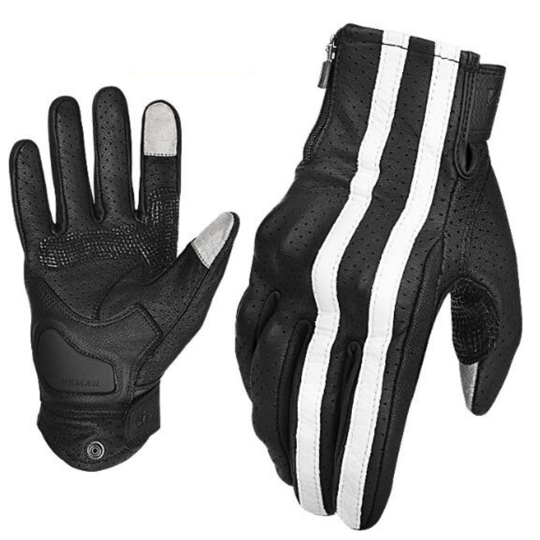 Gant moto vintage cuir perforé noir avec deux bandes blanches plus touche tactile. Les gants sont sur un fond blanc.